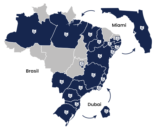 Mapa de presença da Boatlux: unidades no Brasil, Miami e Dubai